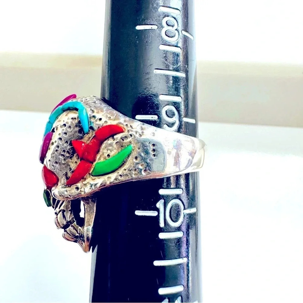 Handmade Sterling Silver & Multi Stone Inlay Skull/Biker/Rocker Ring Size 9.5 - Picture 5 of 7